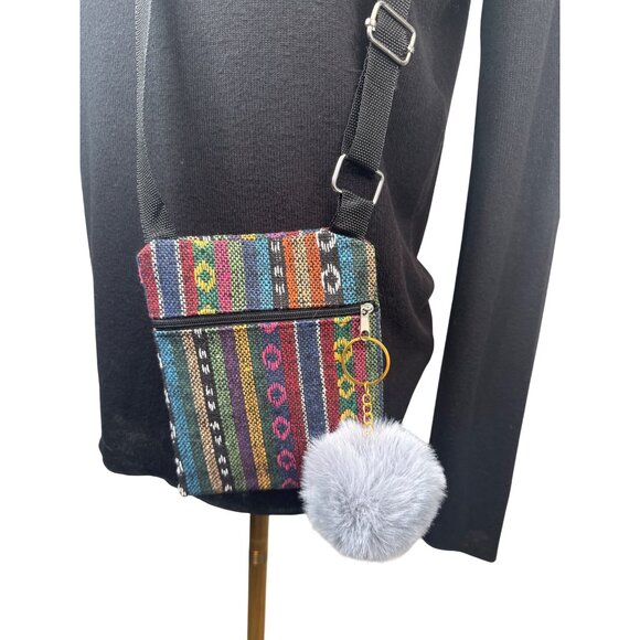 2/$30 Crossbody Bag Multicolor Stripes Gray Faux Mink Pom Pom Keychain NWT - Picture 6 of 11
